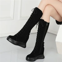 women lace up straps genuine leather high heel mid calf boots female round toe thigh high pumps shoes high top fashion sneakers
