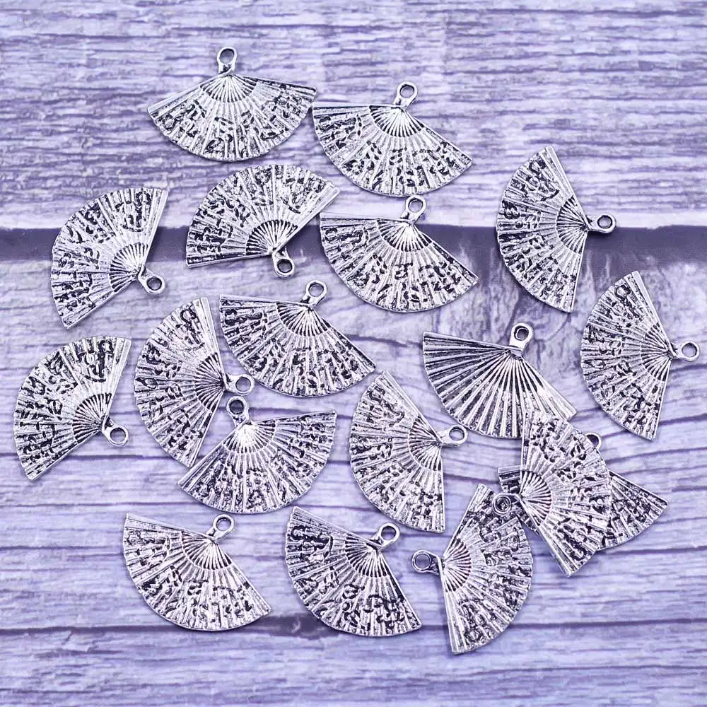 

20Pcs Pendants Fans Carved Zinc Metal Alloy Silver Tone Charms Jewelry DIY Finding 24x17mm