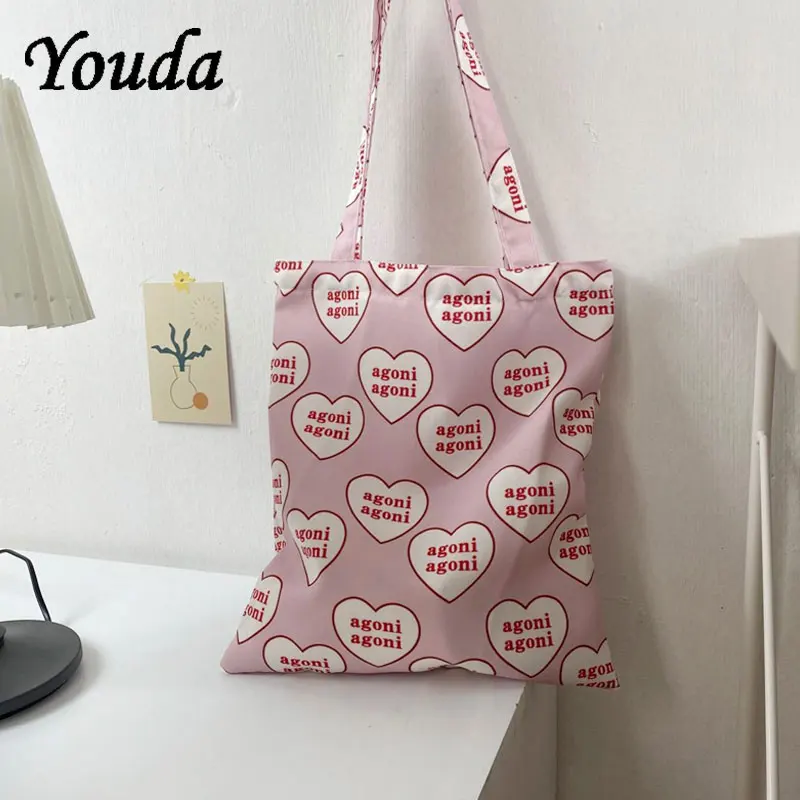 

Youda Women Canvas Shoulder Bags Love print Design Ladies Handbag Casual Tote Literary BookBag Fashion Shopping Bag For Girls