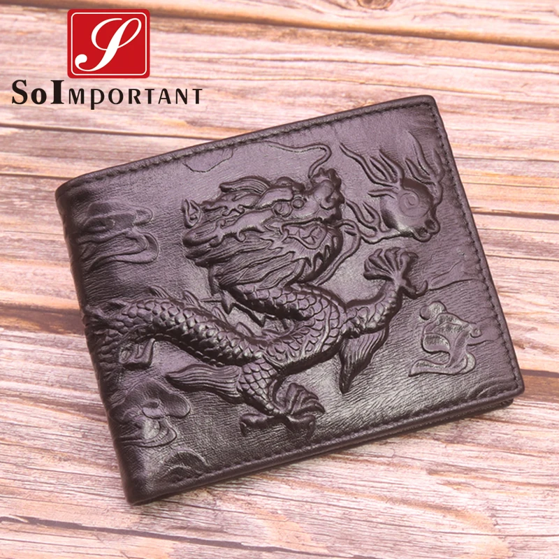 

Vintage 3D Embossed Dragon Wallets For Men Genuine Leather New Designe Coin Purses Card Holder Male Short Wallet High Quality