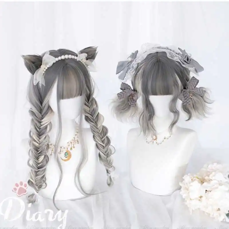 

Daily Harajuku lolita wig cat diary cat ear silver gradient long curly sweet cute student girl women wig Gray maroon brown