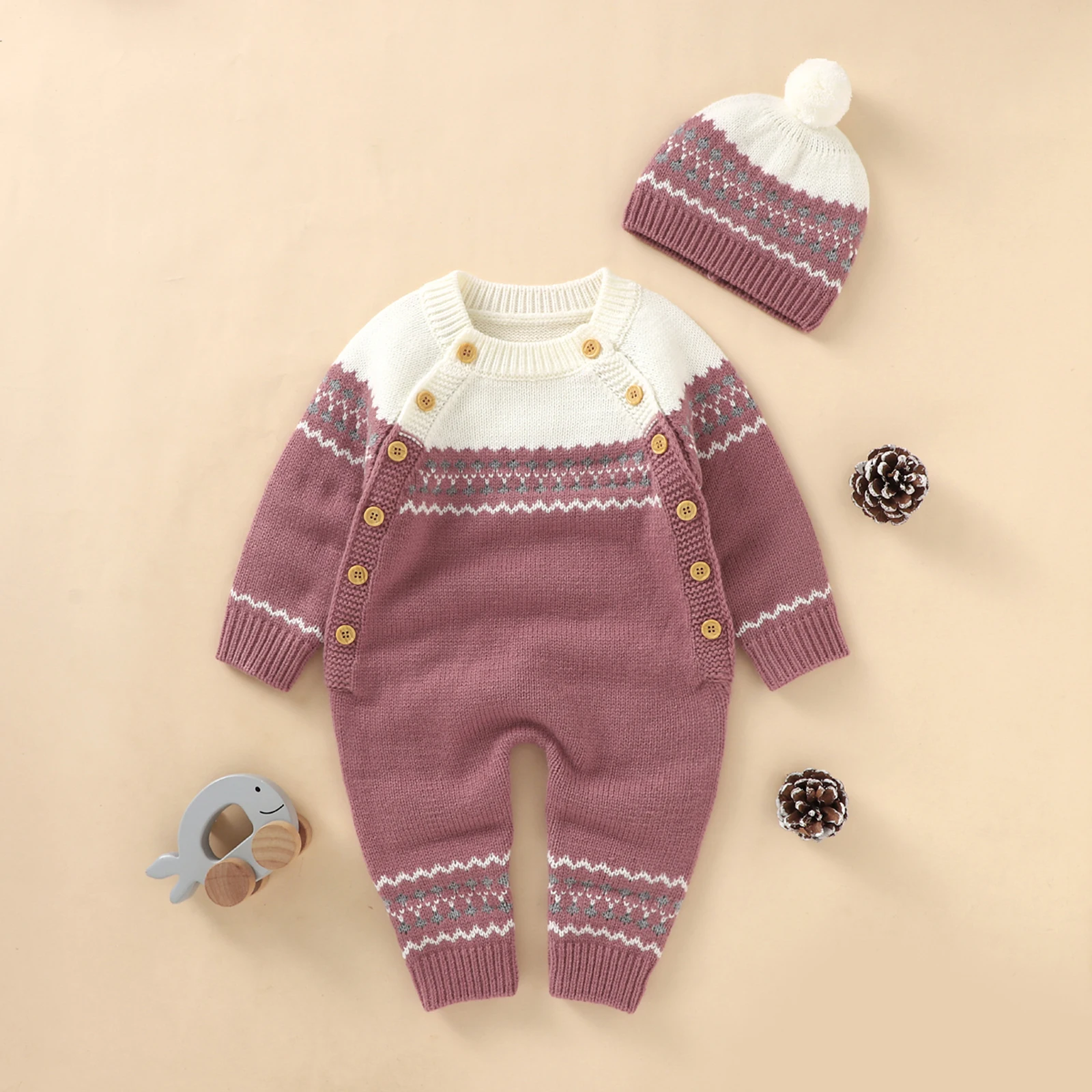 

Babies Clothes Casual Two-piece Set, Long Sleeve Round Collar Jumpsuit and Cap, Dark Pink/ Charcoal/ Navy Kniited Cotton