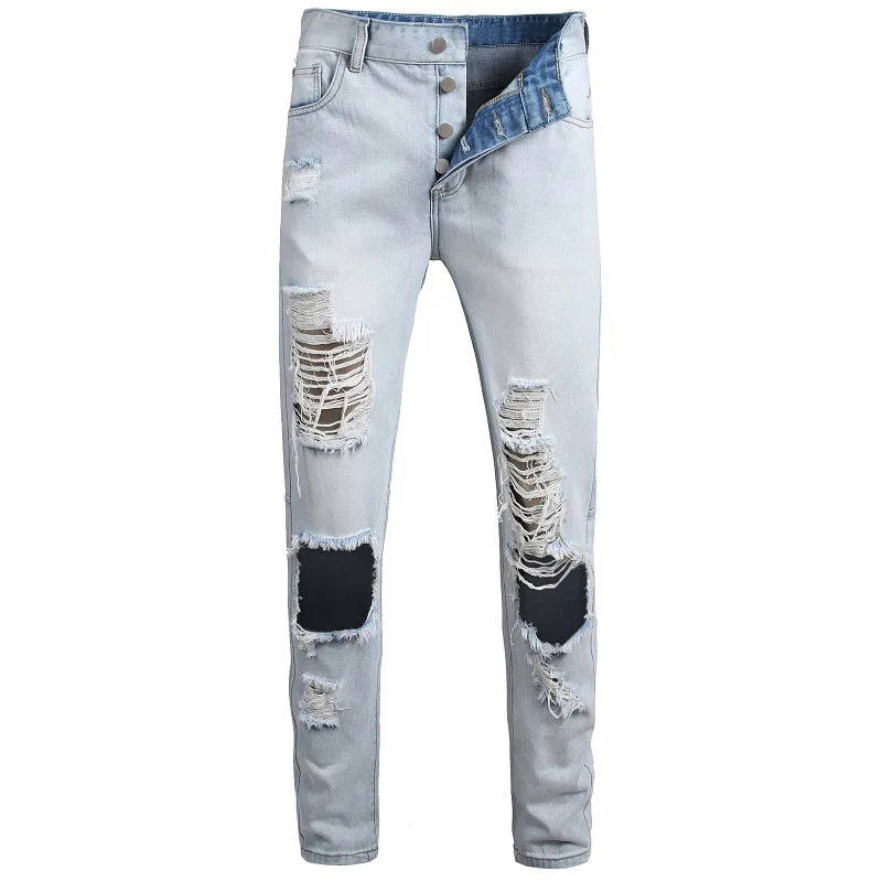 

Personality big hole trendy men's jeans white beggar jeans Men trousers Jeans for men