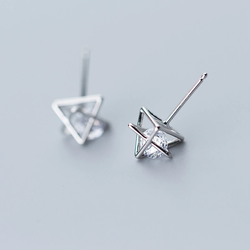 

100% Real 925 Sterling Silver Hollow Geometry Triangle Clear CZ Stud Earrings for Women Girls Lady Jewelry Gift