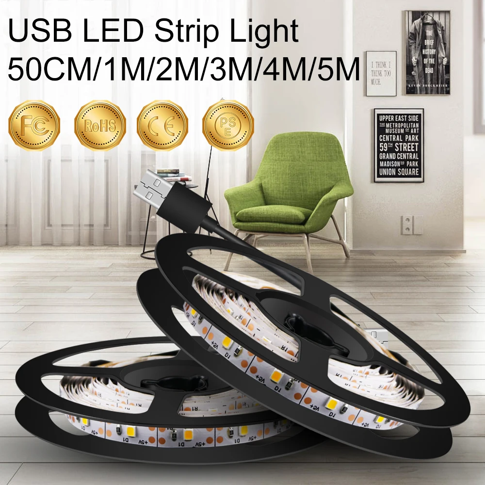 

DC5V TV BackLight LED Strip Light USB Flexible Tape LED Lamp 0.5M 1M 2M 3M 4M 5M Ribbon LED Lights For Room Decoration 2835SMD