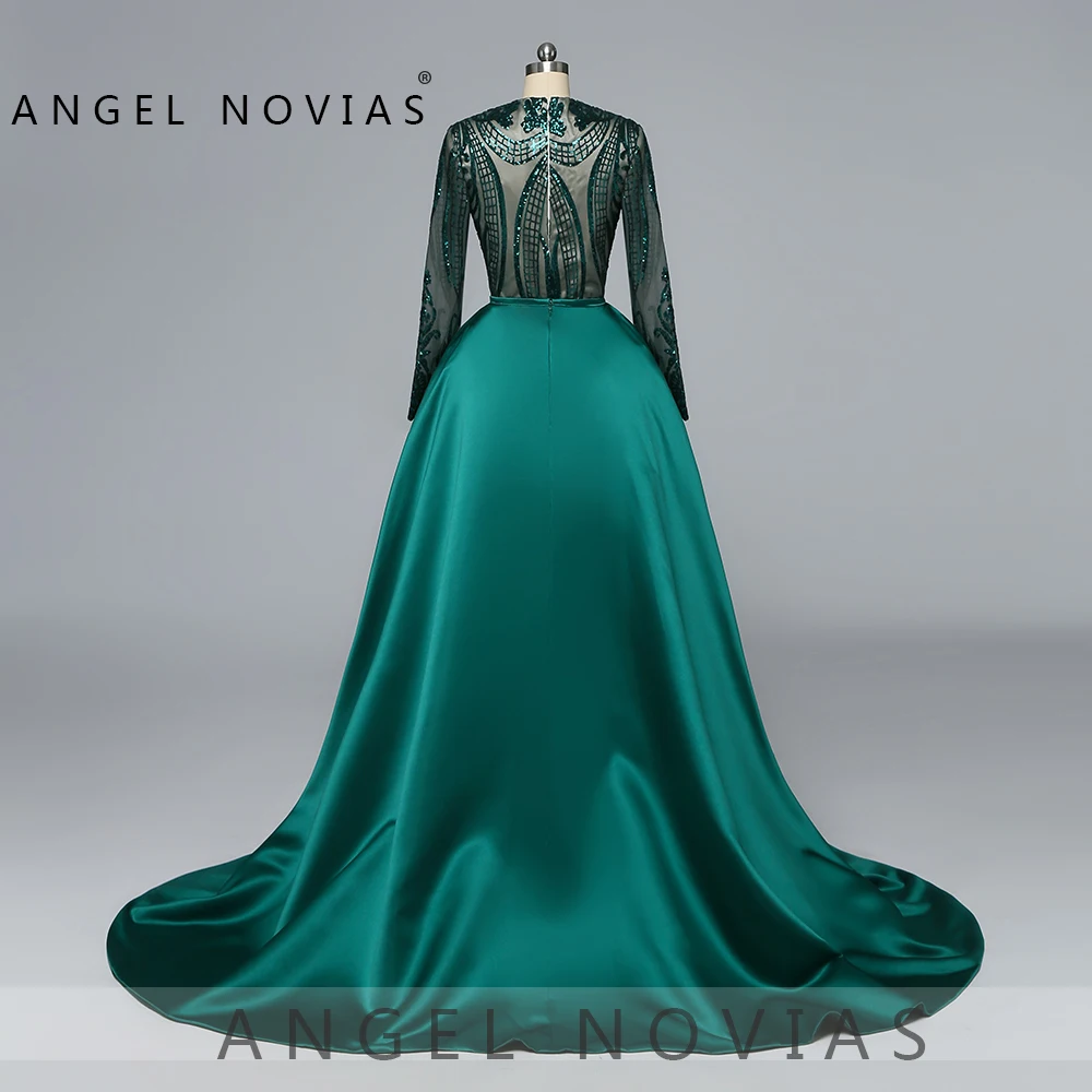Angel Novias, настоящее мусульманское зеленое вечернее платье с длинными рукавами,, Frauen Abend Kleid, вечерние платья на выпускной со съемной юбкой