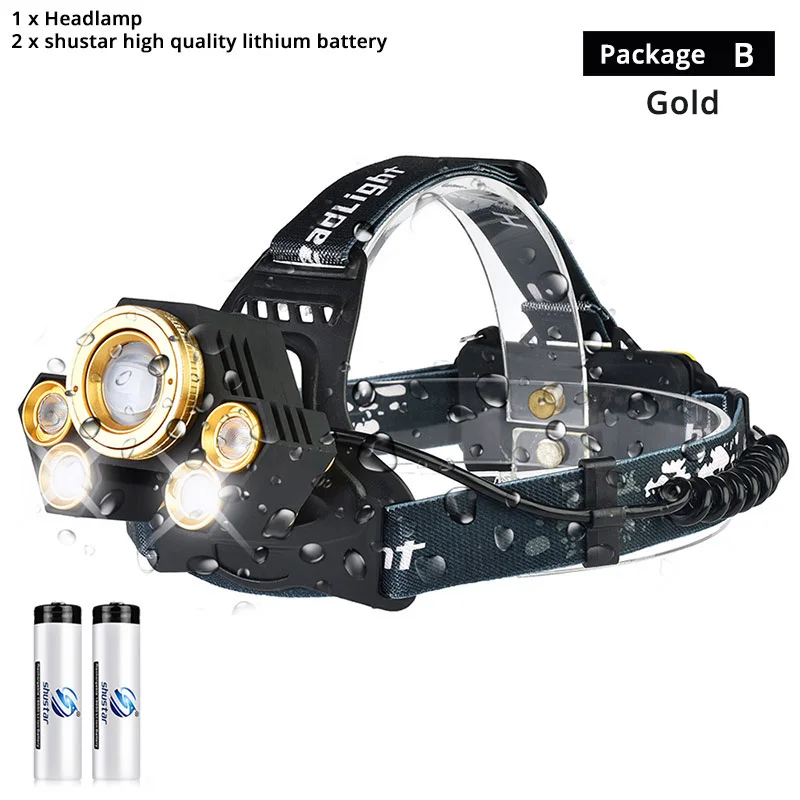 Package B-Gold Мощный светодиодный налобный фонарь вращающийся зум водонепроницаемый головной светильник с использованием антибликовых линз белый/желтый/синий светильник 18650 для рыбалки - Испускаемый цвет: Package B-Gold