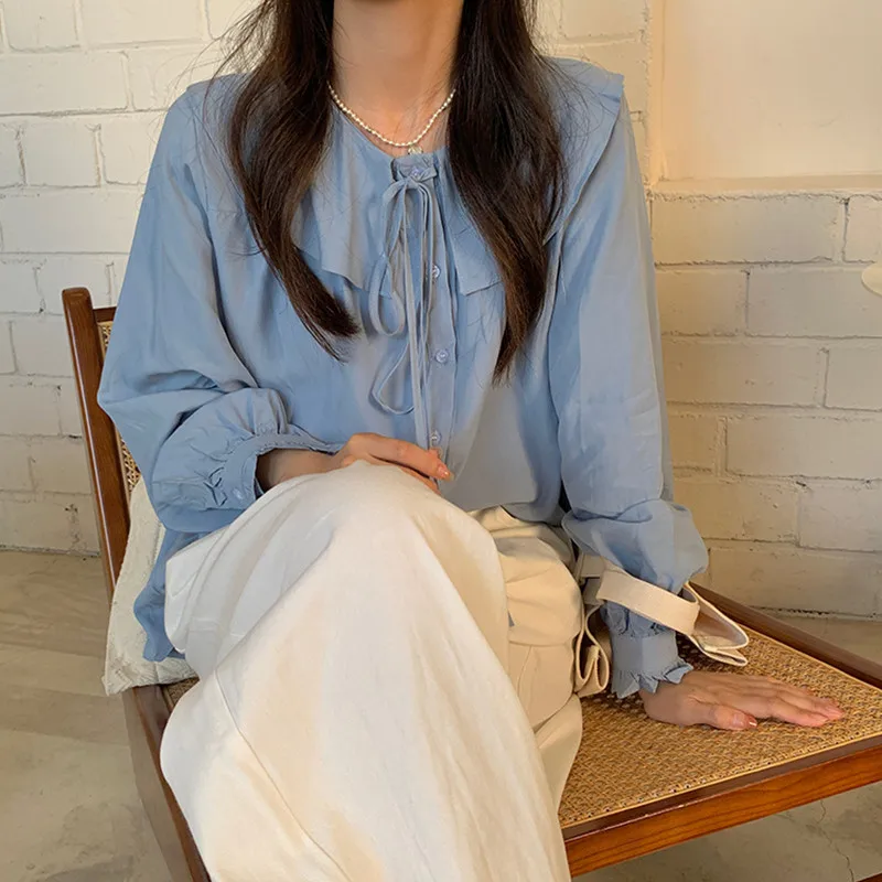 

Женская рубашка с длинным рукавом, отложным воротником и шнуровкой, 3 цвета