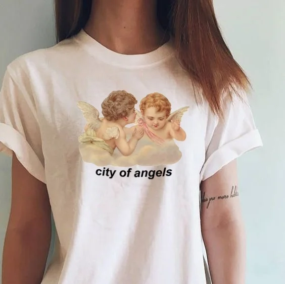 

Звездная Королева-JBH милые топы ангела город ангела с буквенным принтом Футболка Забавный эстетический Ангел Графический Женский Tumblr футбо...