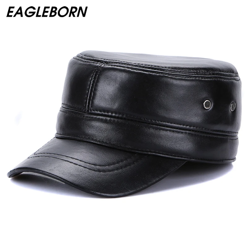 Мужская Роскошная военная шапка из овчины кожаная плоская зимние мужские зимне