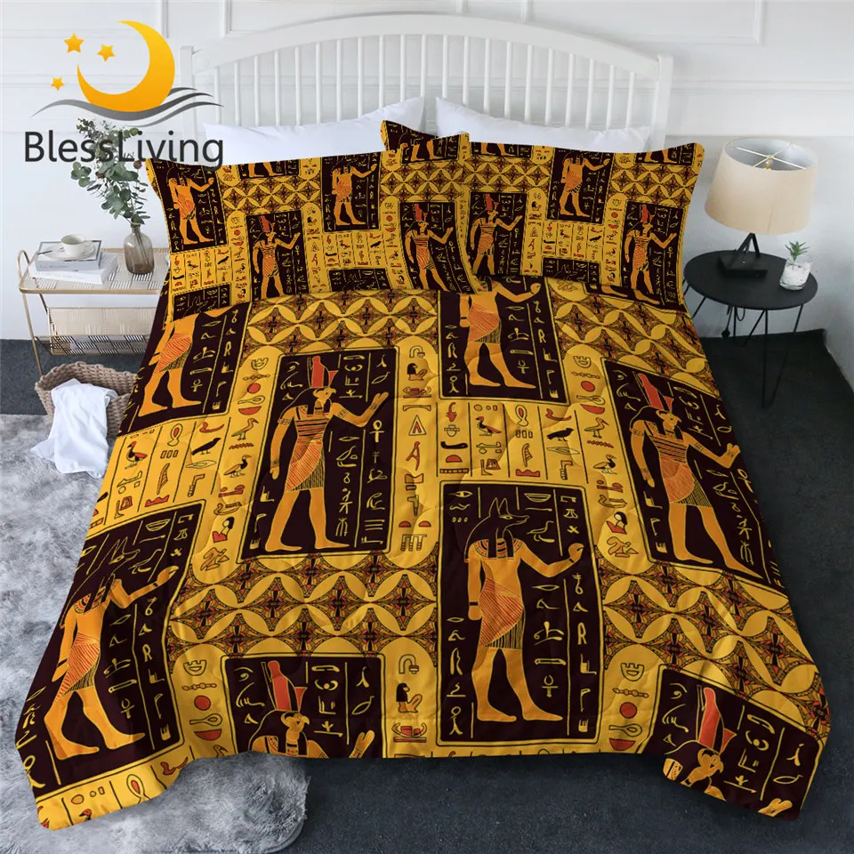 

BlessLiving Ancient Comforter Set Egyptian Gods Bedding Hieroglyphs 3 Piece Thin Duvet King Size Retro Summer Quilt Set Dropship
