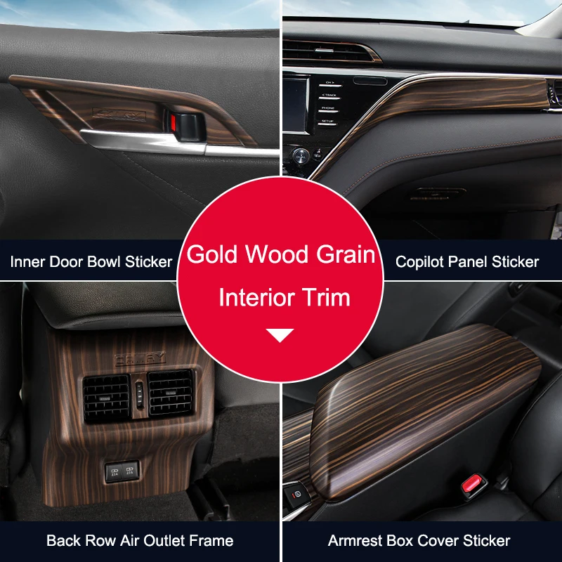 

Car Gear Head Knob Cover Steering Wheel Button Sticker Frame Golden Wood Grain Interior Kits Fit For Toyota Camry 2018 2019