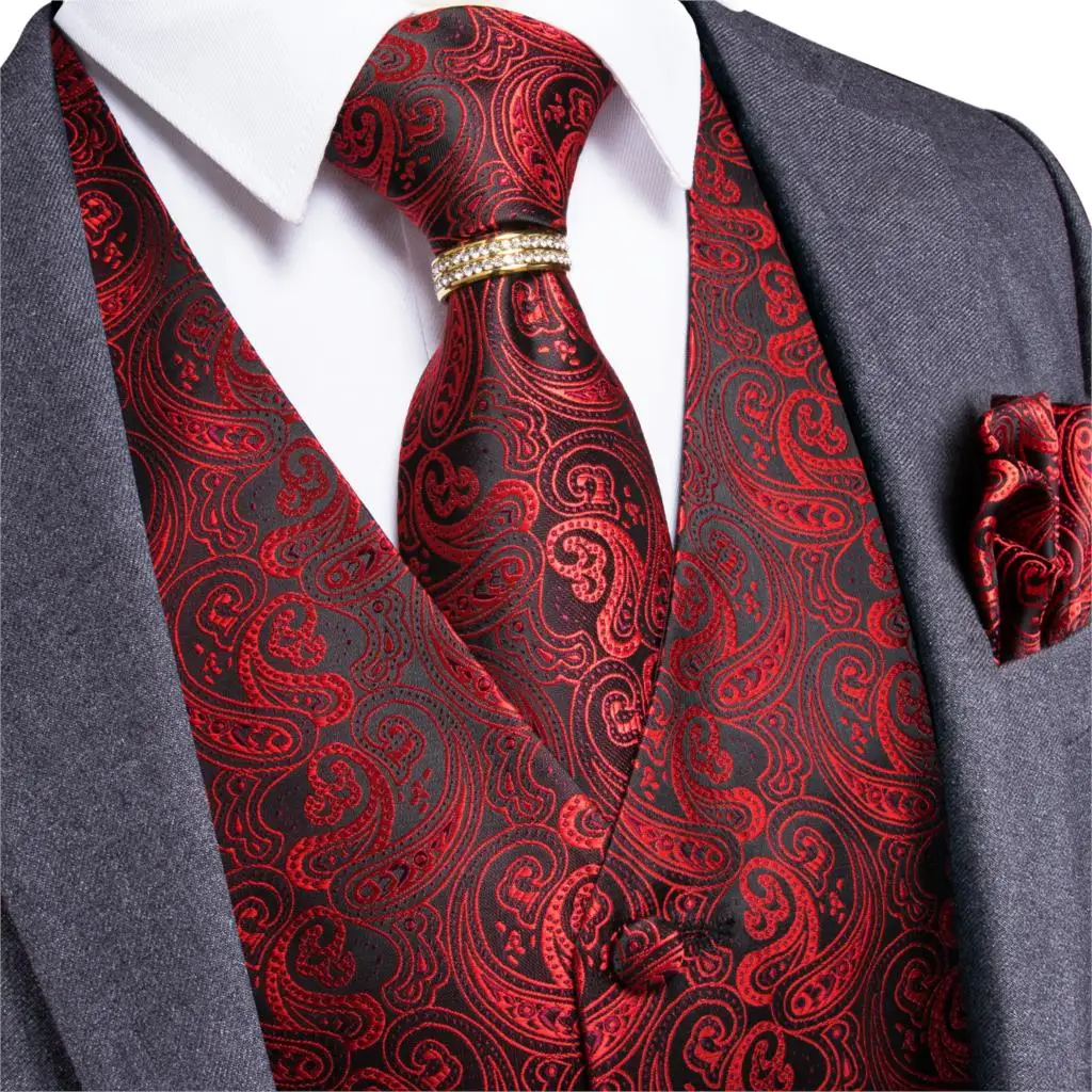 

Men's Classic Party Wedding Silk Vest Paisley Jacquard Waistcoat Vest Red Pocket Square Tie Ring Cufflinks Suit Set DiBanGu
