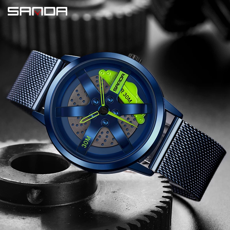 

SANDA Sport Car Dial Steel Band Quartz Watch Super Cool 360° Rotating Clock Military Waterproof Men Wristwatch Relojes Hombre