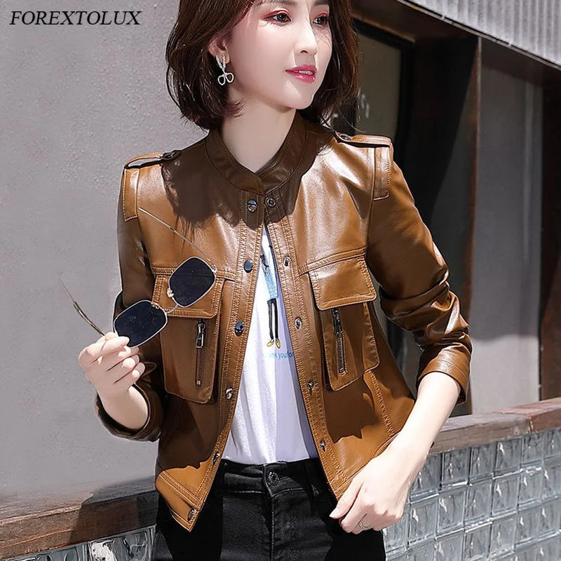 

Куртка женская короткая из экокожи, облегающий укороченный Топ с длинным рукавом, однобортный Байкерский пиджак с карманами, коричневая че...
