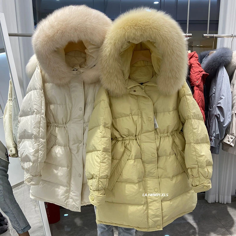 

Big Real Fur Collar 2020 New Winter Coat Women 90%White Duck Down Jacket Thick Warm Parka Hooded Loose Female Coat Snow Overcoat