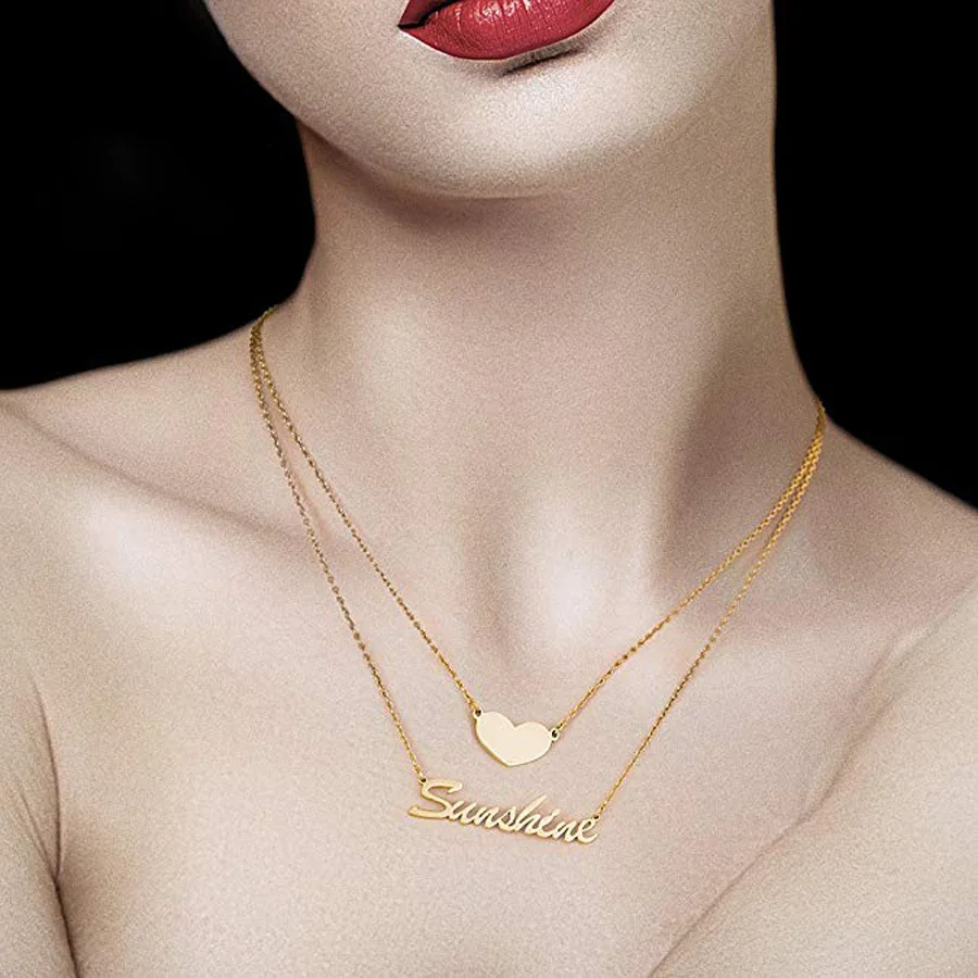 

Name Necklace Double Pendant Personalized Customized Nameplate with Heart Pendant Necklace for Women Collares para mujer