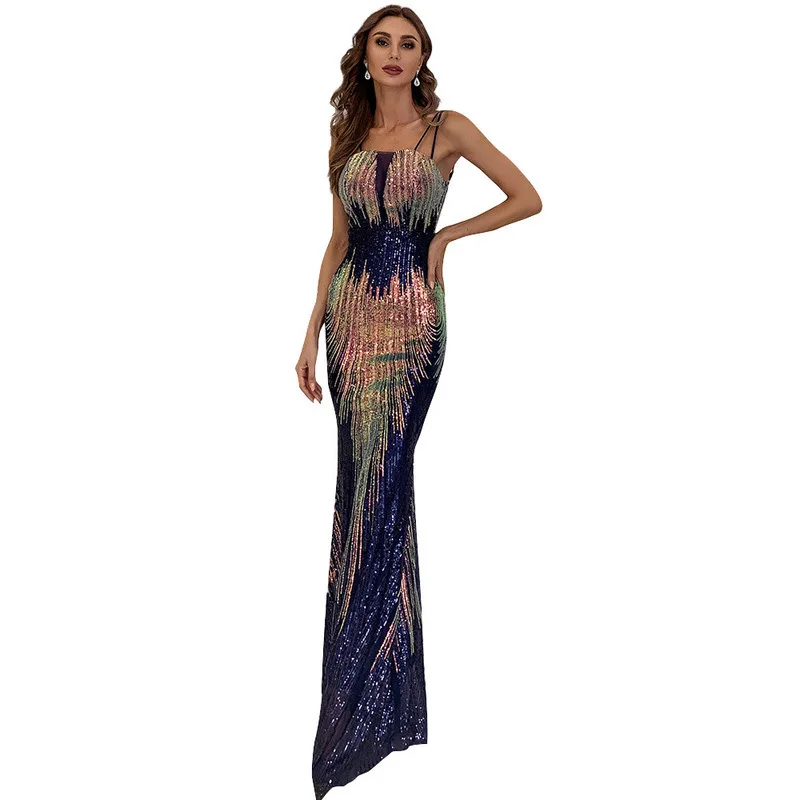 

Donsignet Spaghetti Strap Woman Dress 2021 New Sexy High Waist Slim Sequins Evening Dress Long Dresses for Women Party Wedding