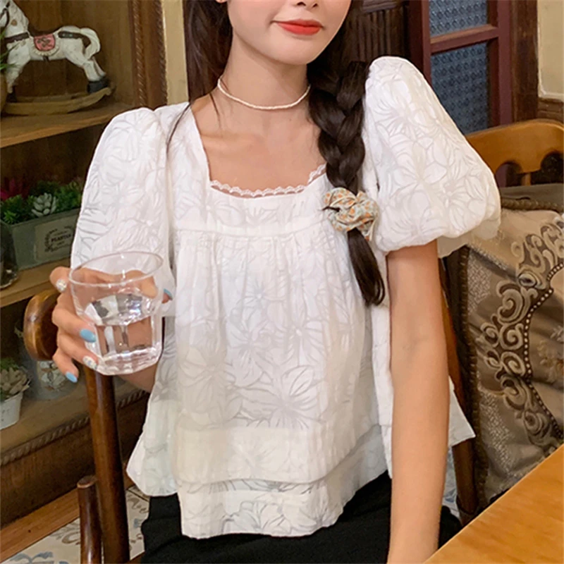 

Женские рубашки с коротким рукавом, топы с бантом и пышными рукавами, французские романтические белые блузки, A890, лето 2021