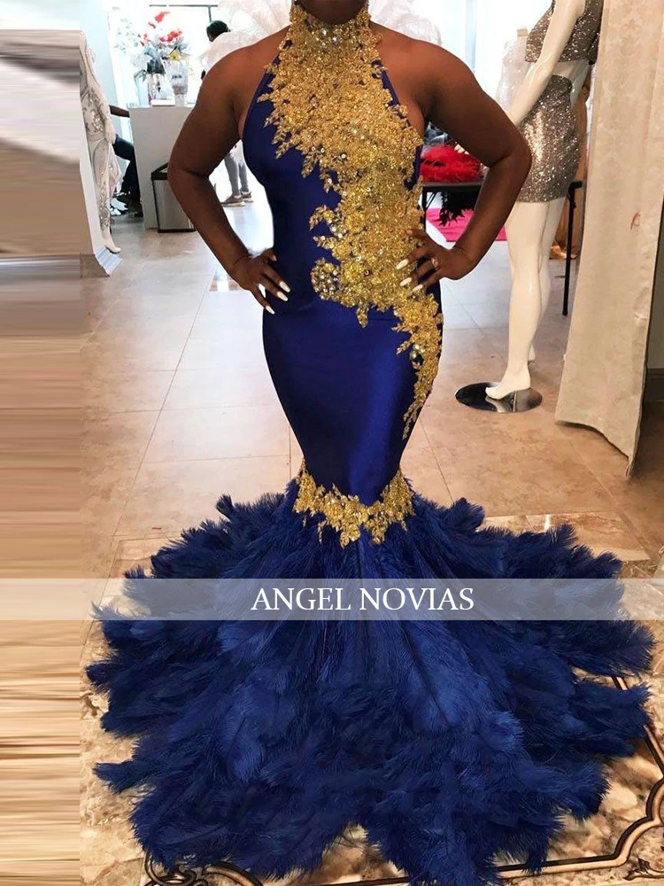 

Женское вечернее платье-русалка, длинное синее платье с высоким воротником и перьями, для выпускного вечера, 2020