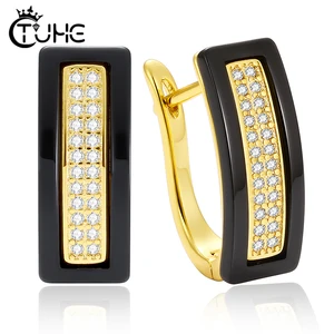 Модные U-образные Хрустальные керамические серьги-гвоздики Стразы с кристаллами кубический циркон золото черный белый розовый гладкие керамические украшения подарок