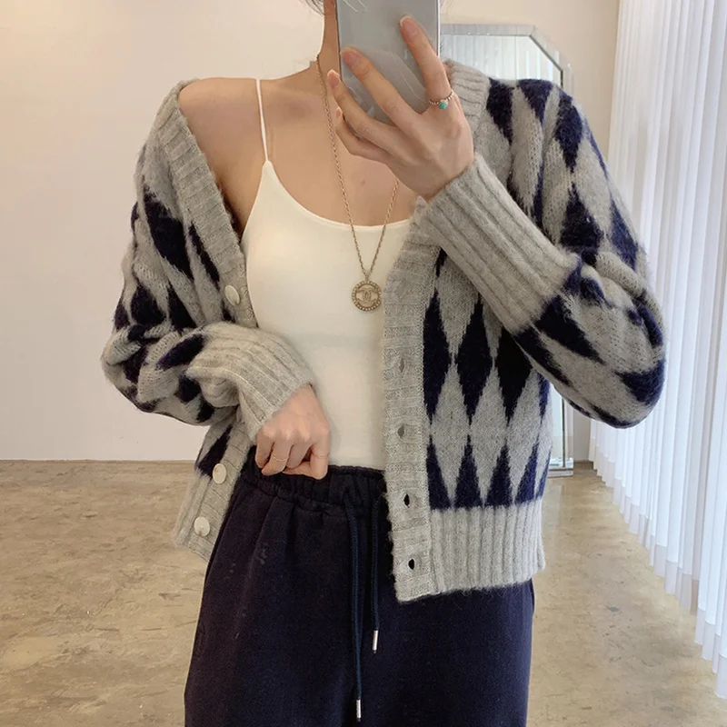 

Korean Fashion Patchwork Colorblock Knitted Sweater V Neck Slim Long Sleeve Top Female New Clothing 2021 Style Spring X734