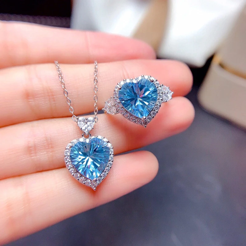 Ожерелье и Открытое кольцо с имитацией синего топаза в форме сердца модное