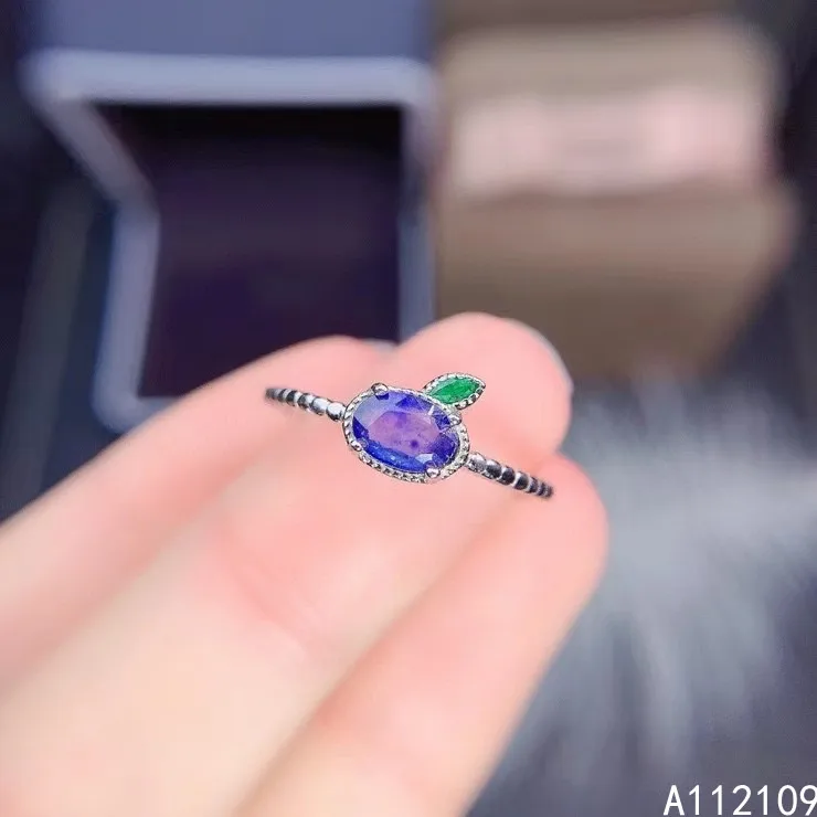 

Fine Jewelry 925 Sterling Silver Inset With Natural Gemstone Women's Trendy Lovely Plant Sapphire Adjustable Ring Support Detect