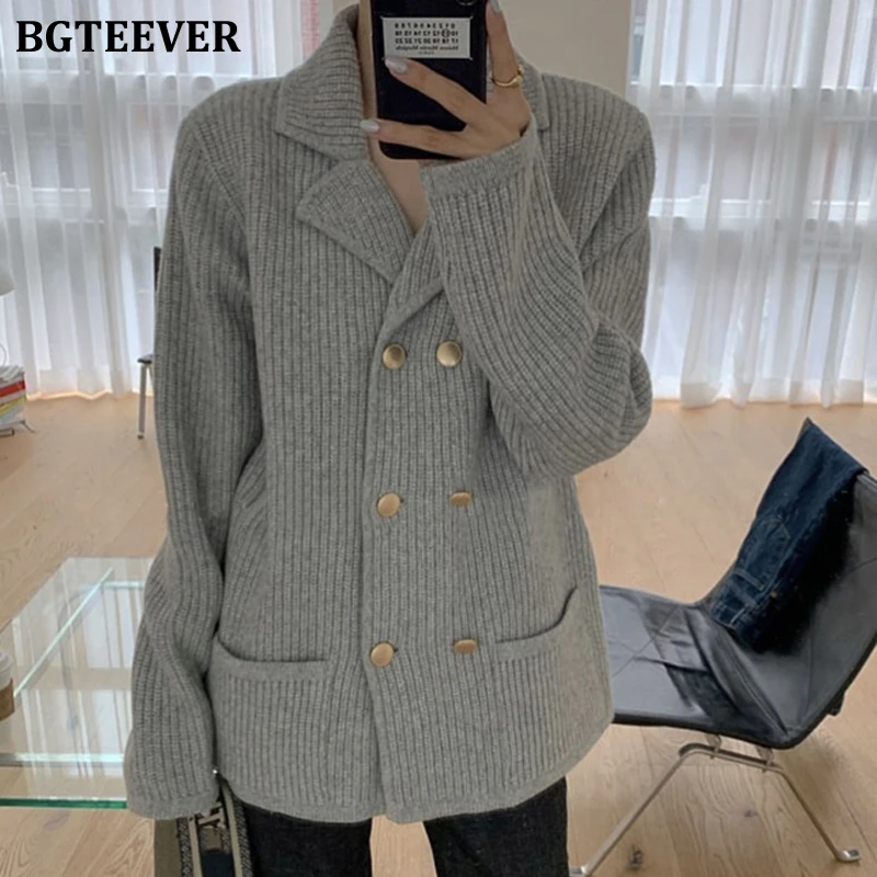 Элегантный двубортный женский кардиган BGTEEVER с карманами зимний свободный