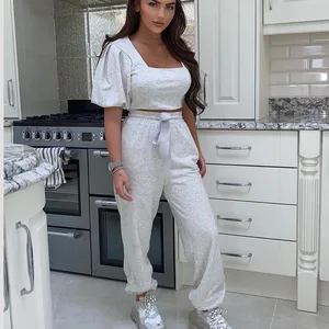 Женский винтажный комплект из двух предметов, укороченный топ с квадратным вырезом и пышными рукавами и длинные брюки, повседневная верхняя одежда, Осенние костюмы