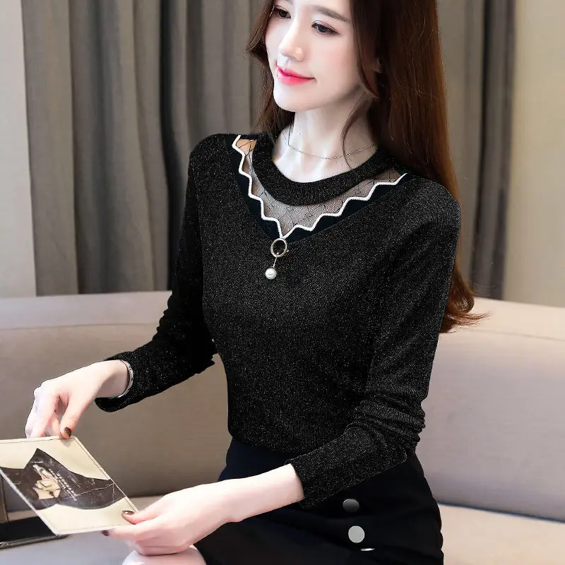 Женские блузки с длинным рукавом бархатные кружевные тонкие уличные сетчатые