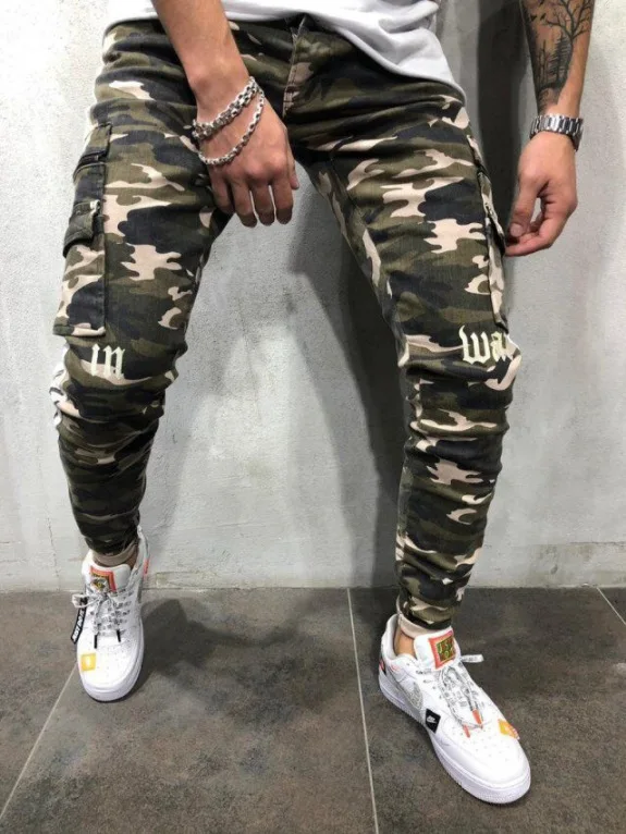 

Men's Multi Pocket small leg jeans side ribbon camouflage jeans