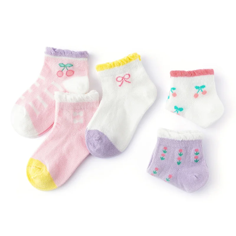 

5 Pairs/Lot Children Cotton Socks Baby Girl Cute Cartoon Breathable Mesh Lace Cherry Socks For 1-12 Years Teens Summer Kids