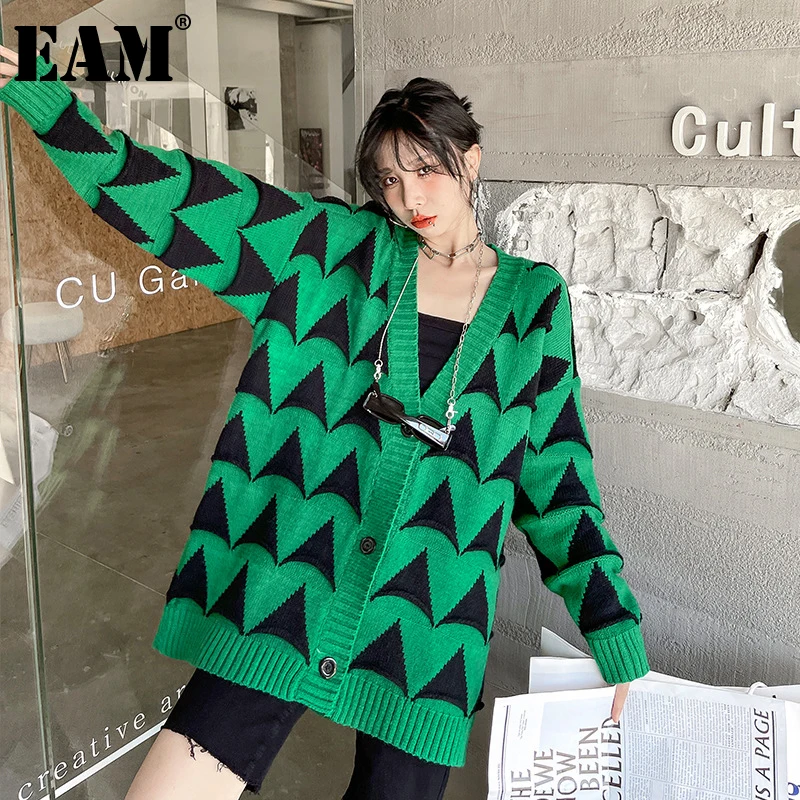 

[EAM] Green Plaid Big Size Knitting Cardigan Sweater Loose Fit V-Neck Long Sleeve Women New Fashion Autumn Winter 2021 1DE4205