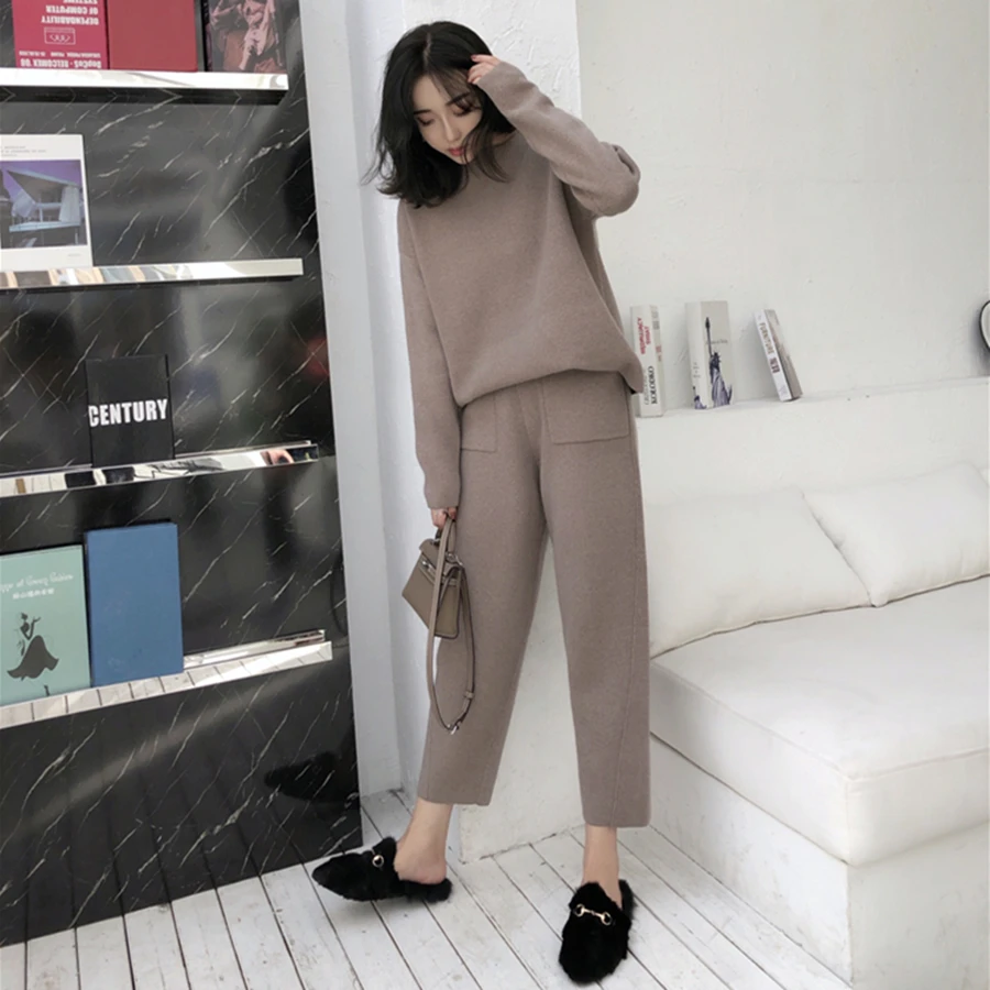 Autumn Winter Knitted Set Women Thick Warm O-Neck Loose Knit Suit Slim Pocket Harem Pants Oversized Casual Elegant Black Clothes