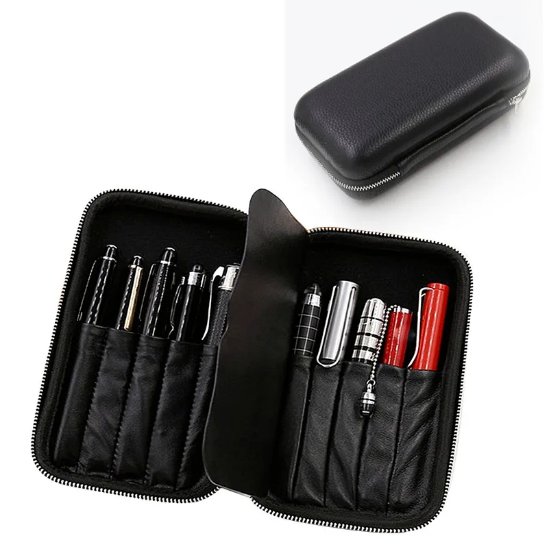 Genuine Leather Fountain Pen Case Cowhide Black 10 Pen Holder Case