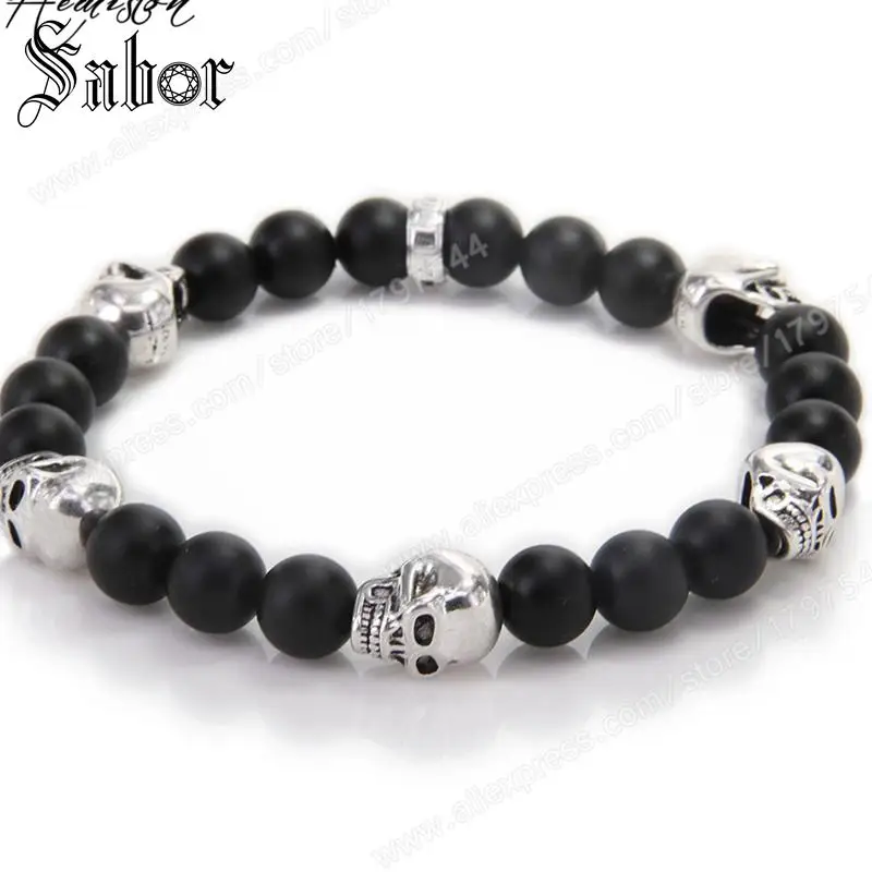 Обсидиан и череп бусины Ширина браслета: 0 8 см Европейский Rebel Rock ювелирные