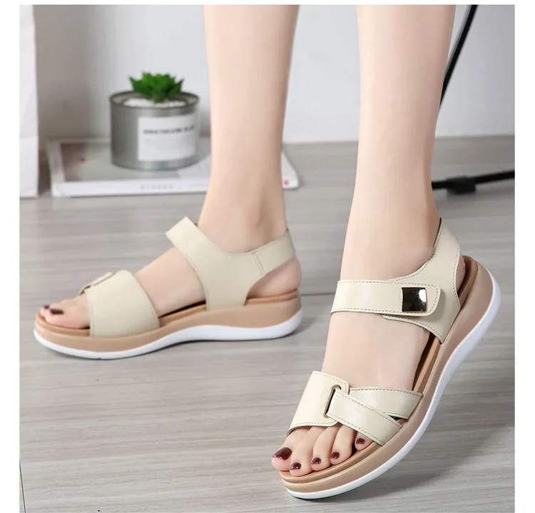 

Timalina Women Female Ladies Mother Genuine Leather Shoes Sandals Flats Soft Hook Loop Korean Bling Summer Beach