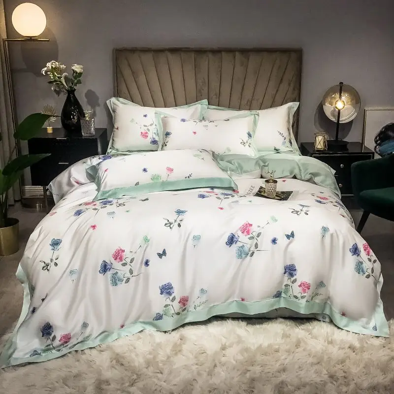 

New Luxury 100S Tencel Silk Rose Floral Printing Bedding Set Super Soft Breathable Double Duvet Cover Set Bed Sheet Pillowcases