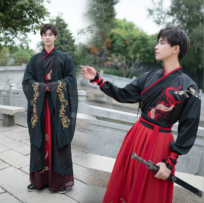 

Large Size Hanfu Couples Chinese Ancient Embroidery Hanfu Women&Men Halloween Cosplay Costume Hanfu Black Red Set For Men/Women