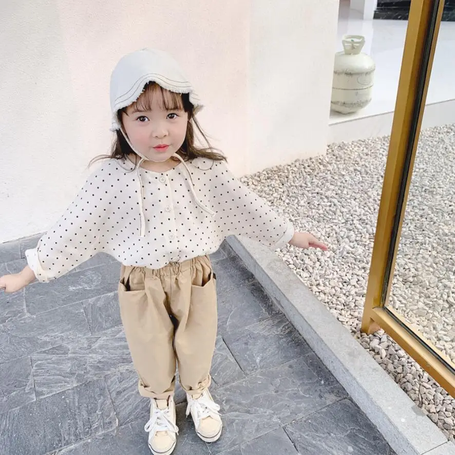 Хлопковая рубашка в горошек с длинными рукавами для маленьких девочек детские