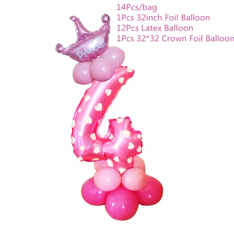14Pcs Chicinlife 4th Happy Birhday Декор номер Синий Розовый 4 фольги шар корона шляпа дети мальчик девочка 4 года День рождения принадлежности - Цвет: 14Pcs