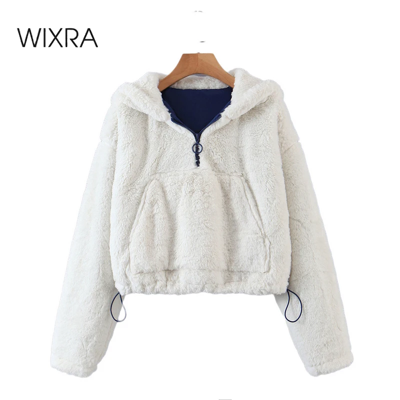 

Wixra Womens Solid Pullover Ladies Zipper Pockets Soft Rabbit Fur Hooded Lace Up Street Style Overcoat Autumn Winter
