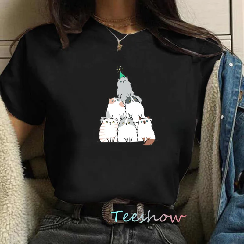

Футболка женская с мультяшным принтом, милая графическая рубашка с изображением рождественской елки и кошек, уличный Топ в стиле Tumblr, Y2k