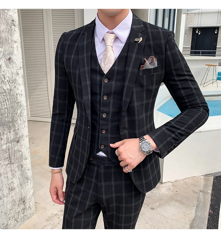 Элегантный Черный, серый цвет Клетчатый костюм «Человек Осень Slim Fit Мужские свадебные костюмы костюм 3 предмета Homme костюмы для торжественных случаев для Для мужчин Q176