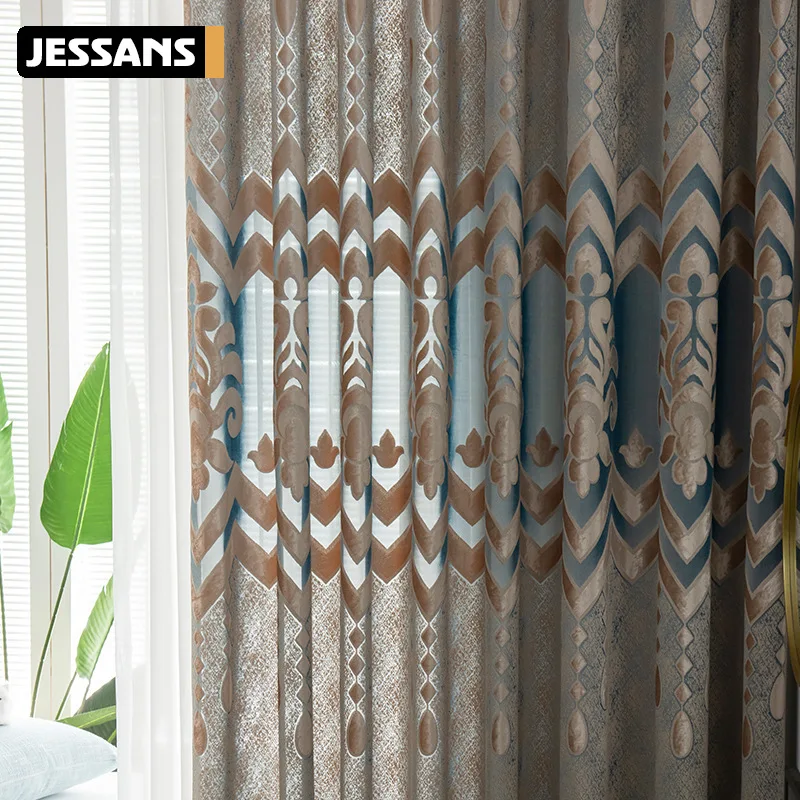 

2022 New European Grey Curtain Cut Velvet Jacquard High shading Curtains for Living Dining Room Bedroom