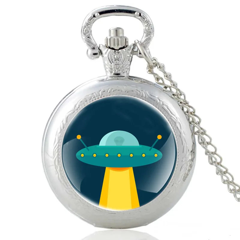 

UFO Design Painting Glass Cabochon Vintage Quartz Pocket Watch Men Women Cool Pendant Necklace Chain Hours Clock