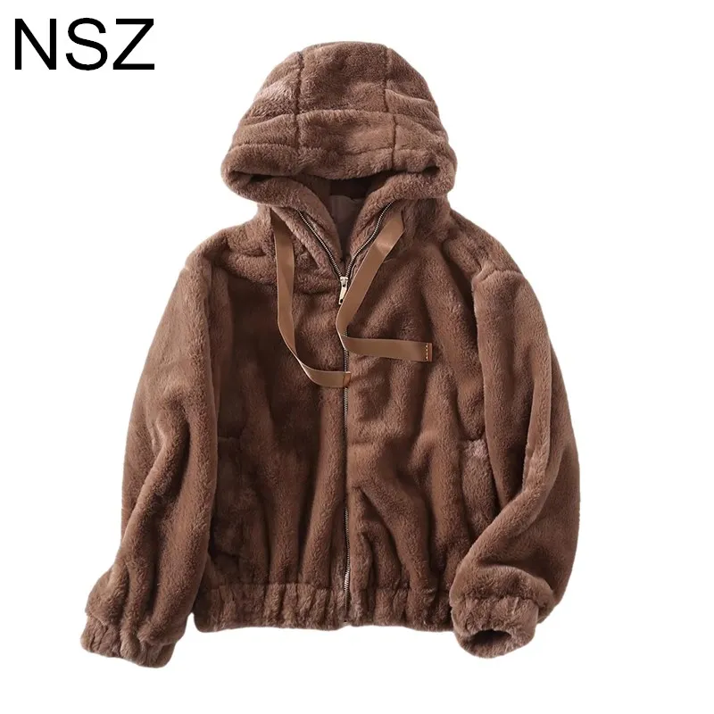 

Женская теплая зимняя куртка с капюшоном NSZ, коричневое пушистое пальто большого размера из искусственного меха, теплая верхняя одежда