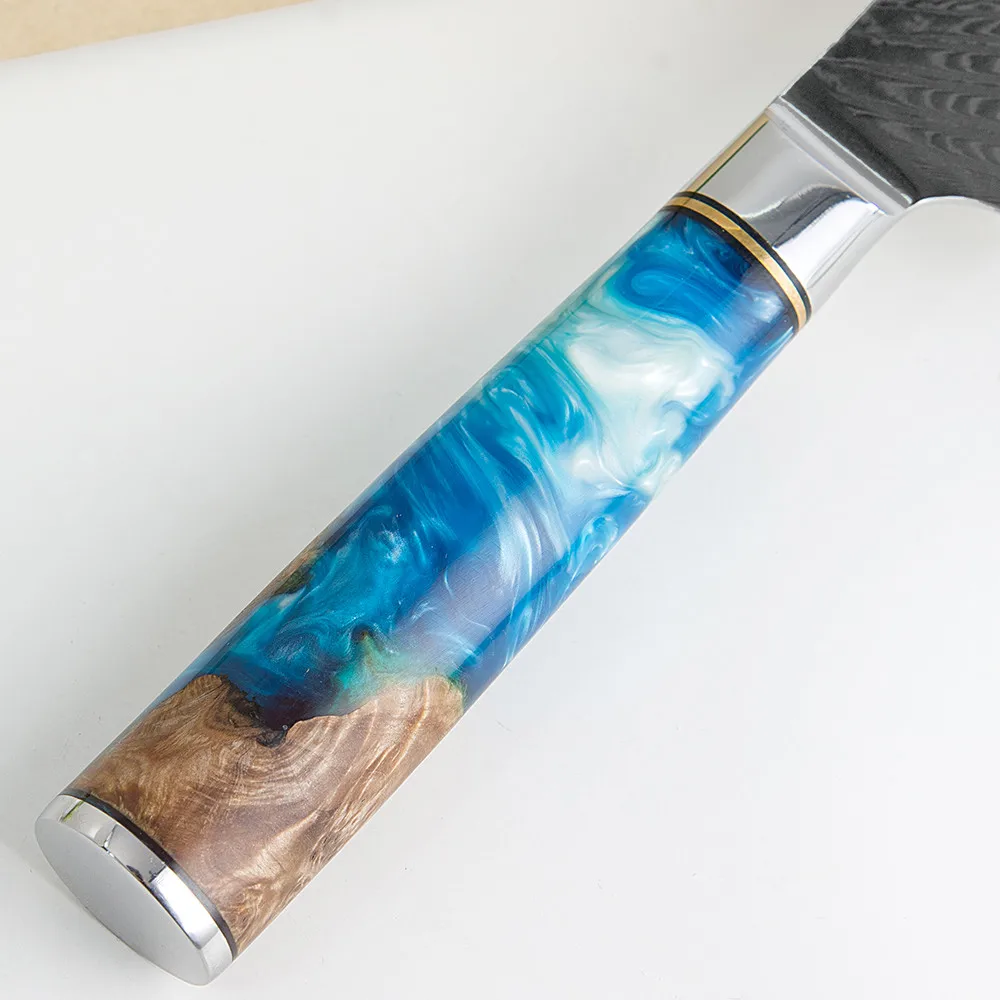 

8" Inch Japanese Kitchen Knives Laser Damascus Steel Chef Knife Wood Resin Handle Sharp Santoku Cleaver Slicing Utility Knives