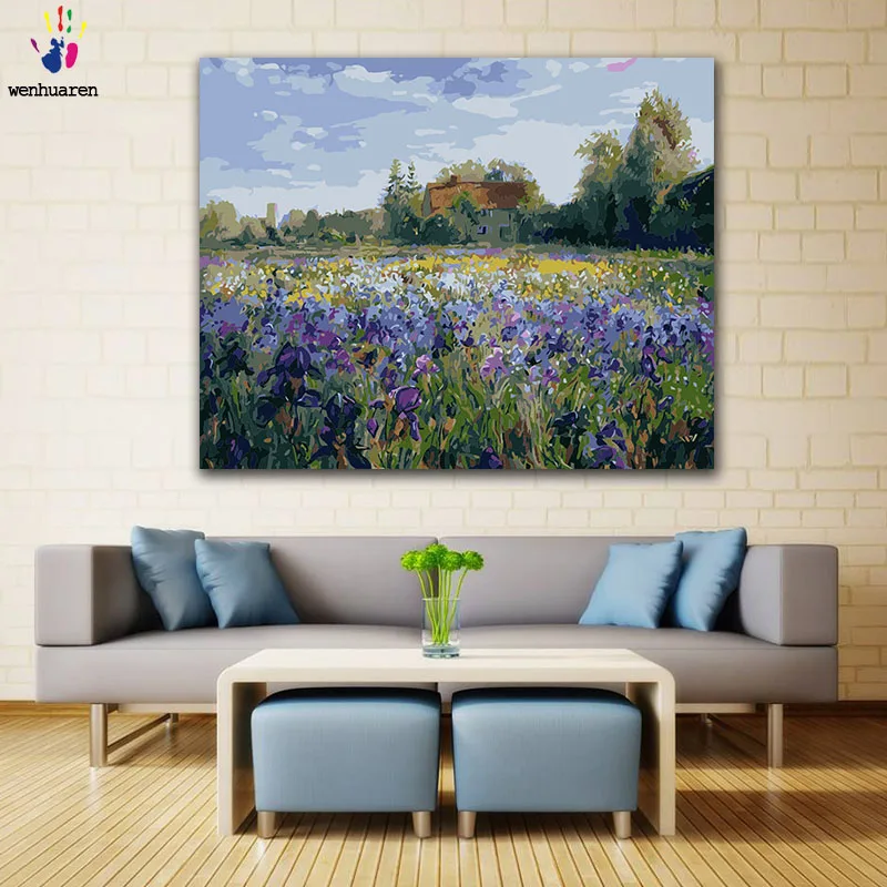 

DIY Coloring Paint Iris Flower Sea in Front of The Hut Figure Paintings Purple Canvas One Piece 50x40 60x50 75x60 90x70 100x80